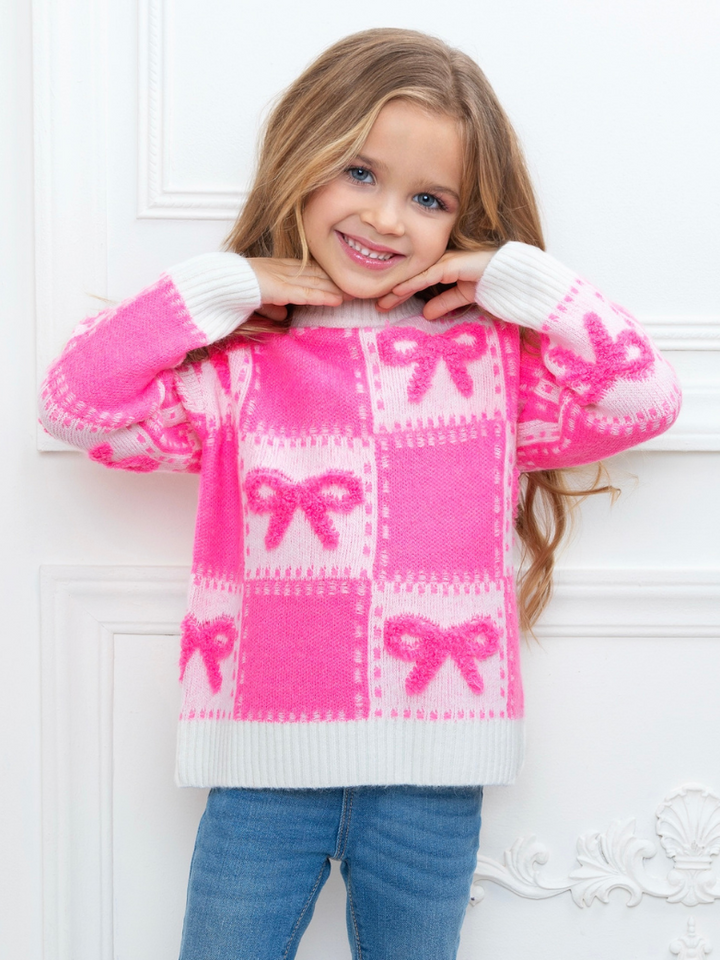 Sweet Bow Pink Checkered Knit Sweater