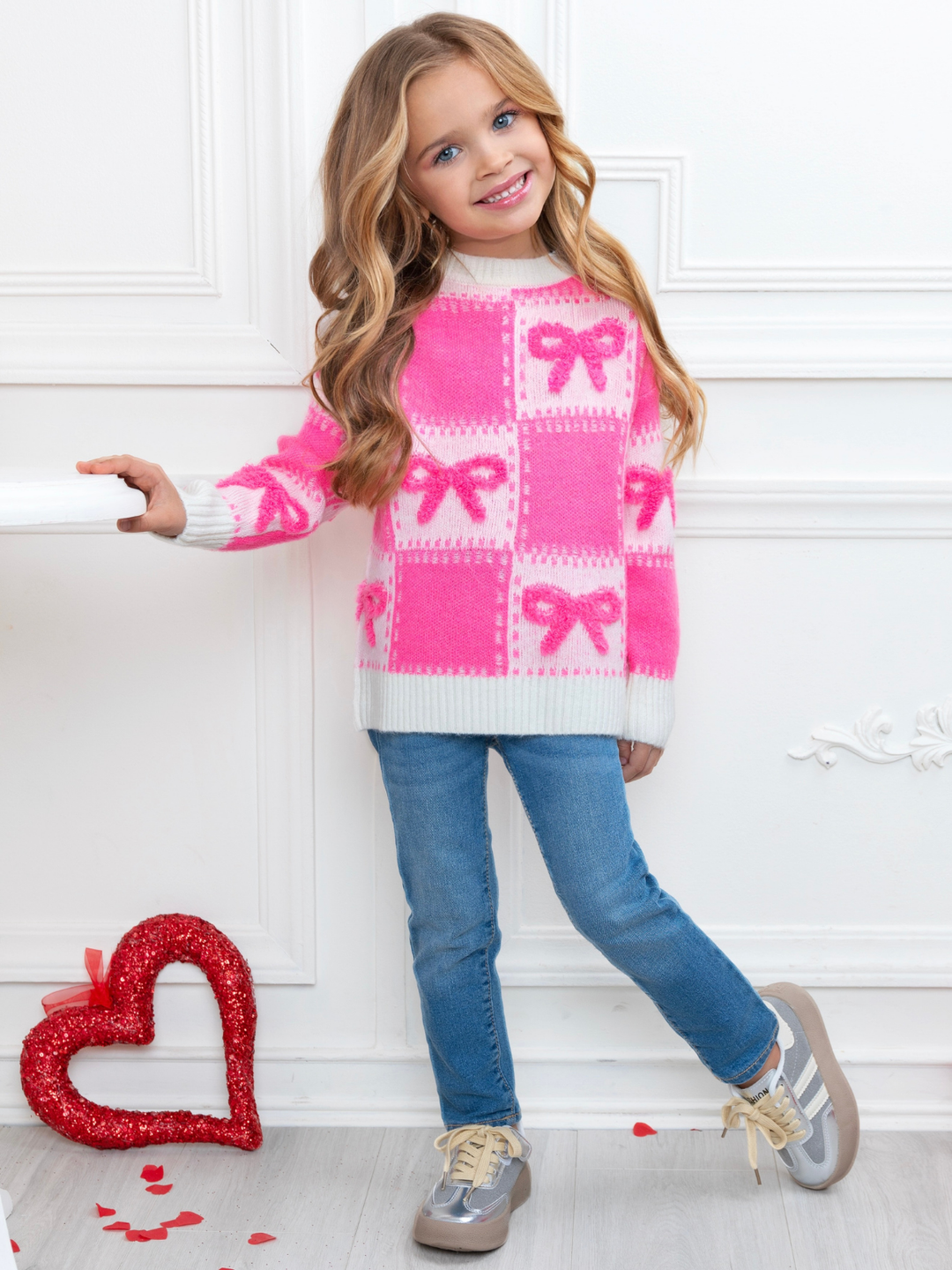 Sweet Bow Pink Checkered Knit Sweater