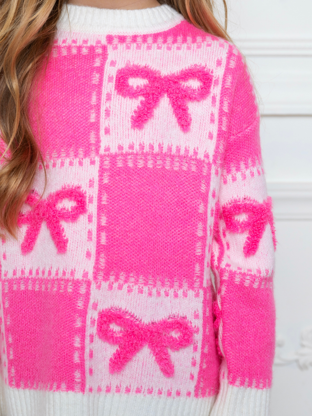 Sweet Bow Pink Checkered Knit Sweater