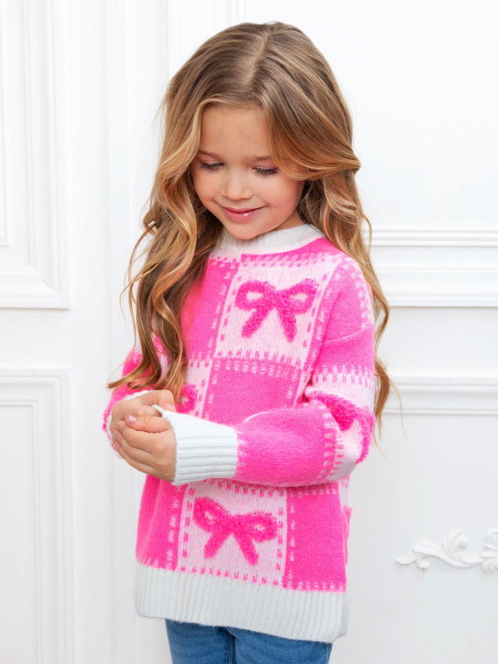 Sweet Bow Pink Checkered Knit Sweater