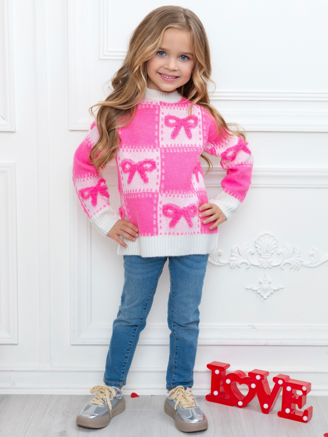 Sweet Bow Pink Checkered Knit Sweater