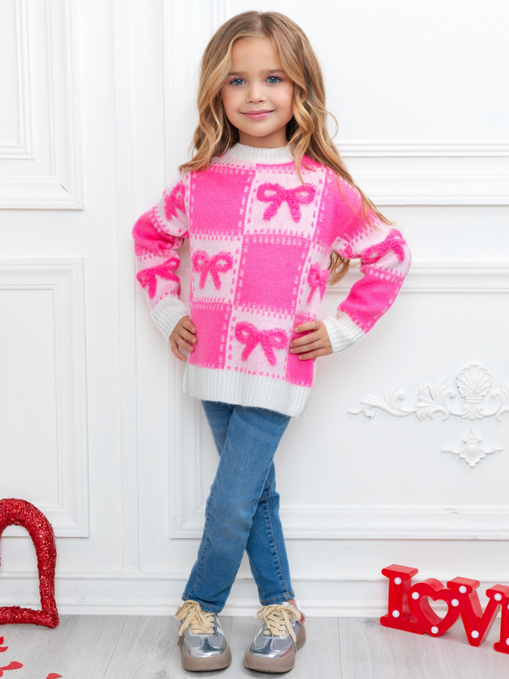 Sweet Bow Pink Checkered Knit Sweater