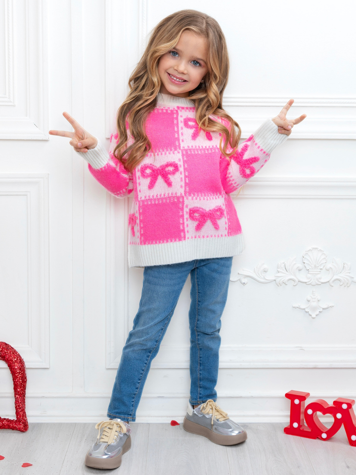 Sweet Bow Pink Checkered Knit Sweater