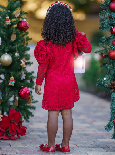 Mia Belle Girls Rosette Sleeve Red Lace Dress | Girls Winter Dresses
