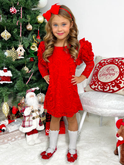 Ruby Princess Rosette Sleeve Red Lace Dress