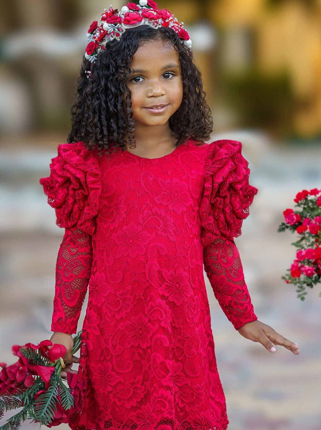 Mia Belle Girls Rosette Sleeve Red Lace Dress | Girls Winter Dresses