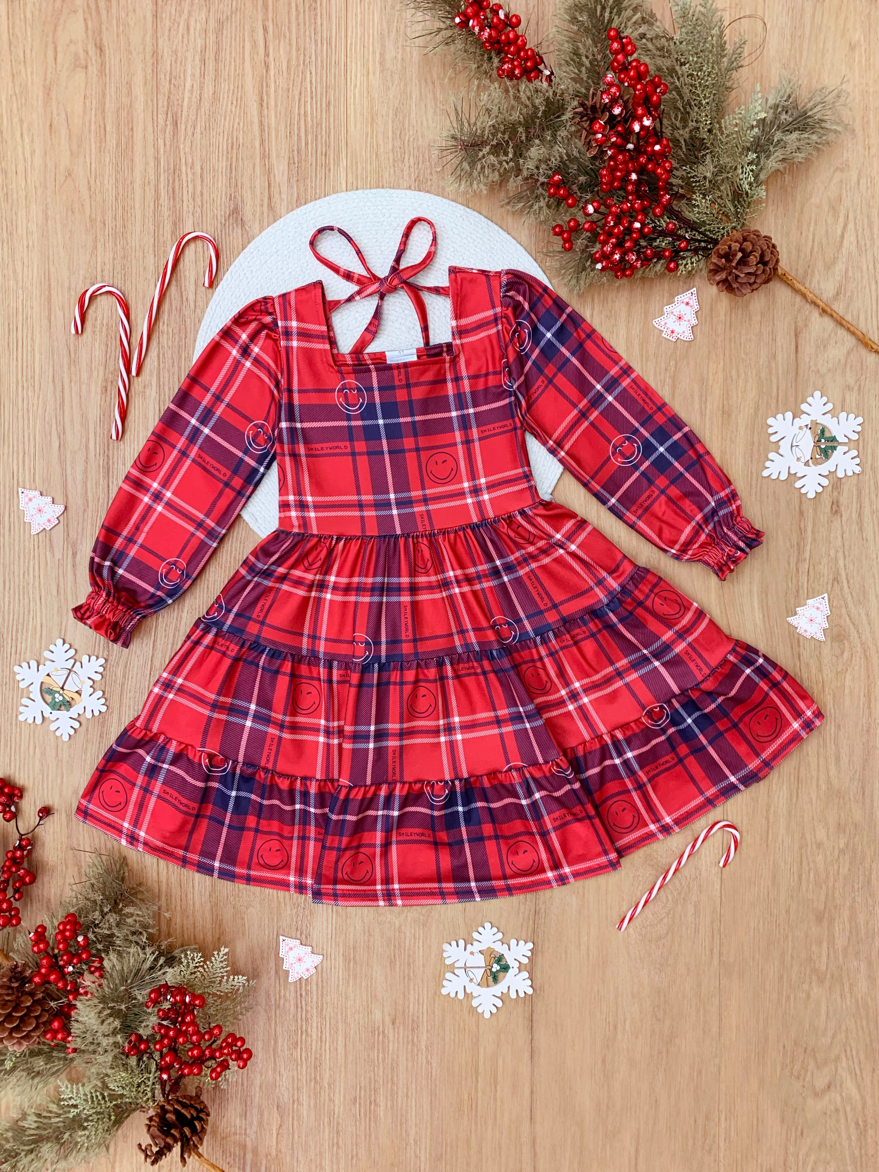 SmileyWorld Positively Plaid Long Sleeve Dress – Mia Belle Girls