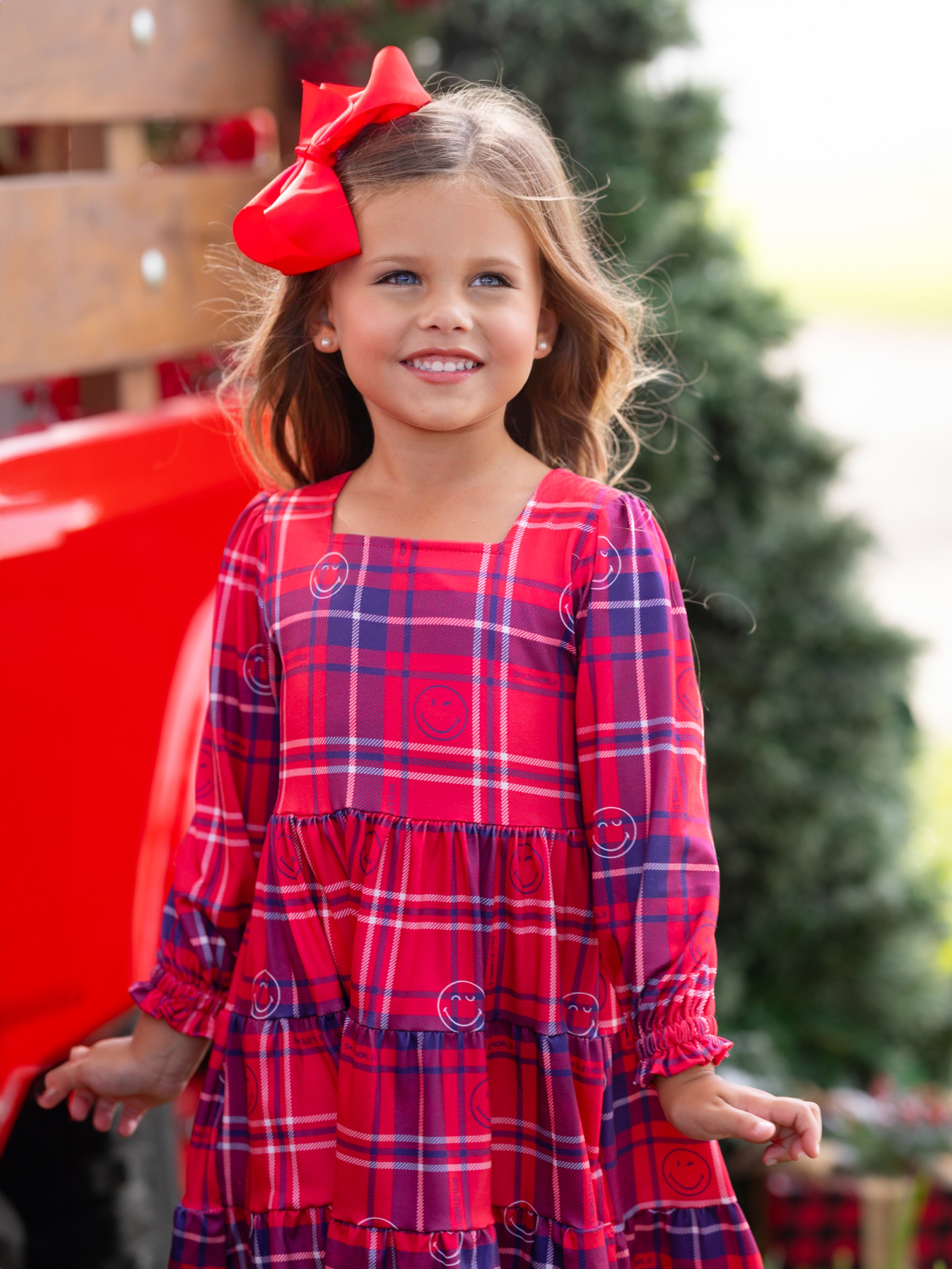 SmileyWorld Positively Plaid Long Sleeve Dress – Mia Belle Girls