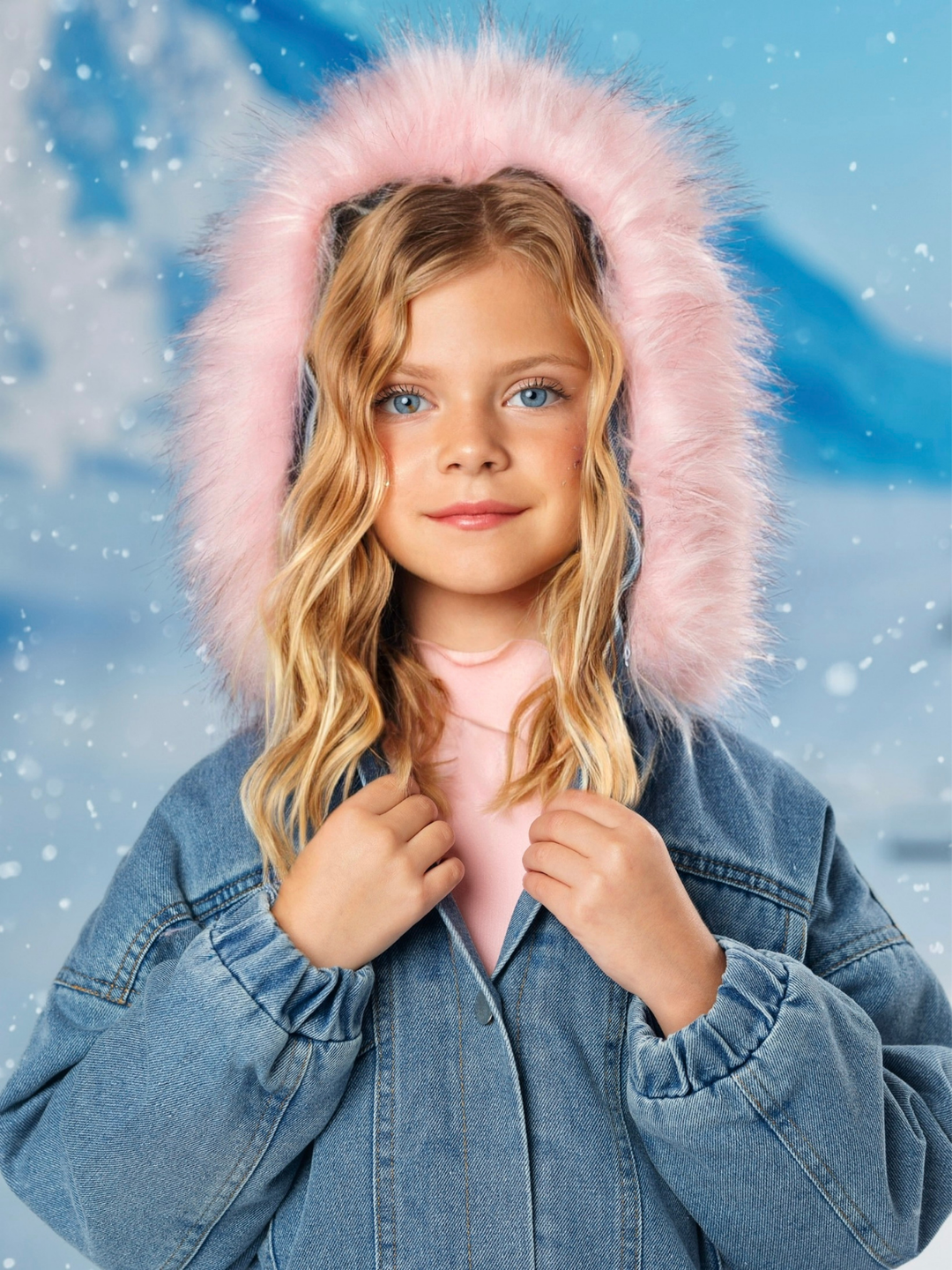 Most Popular Pink Fur Hooded Denim Coat