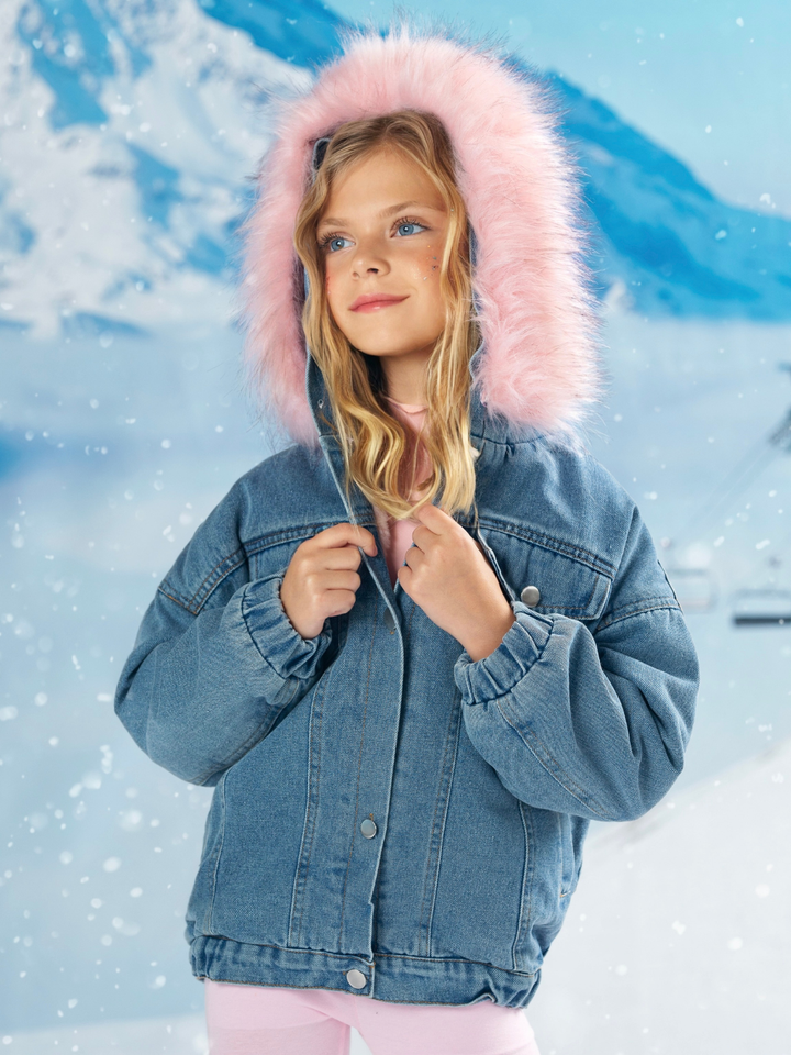 Most Popular Pink Fur Hooded Denim Coat