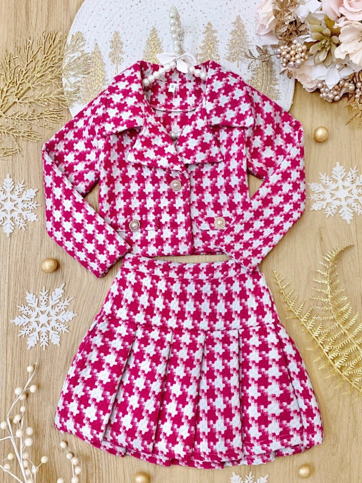 Pink Power Houndstooth Blazer And Pleated Skirt Set