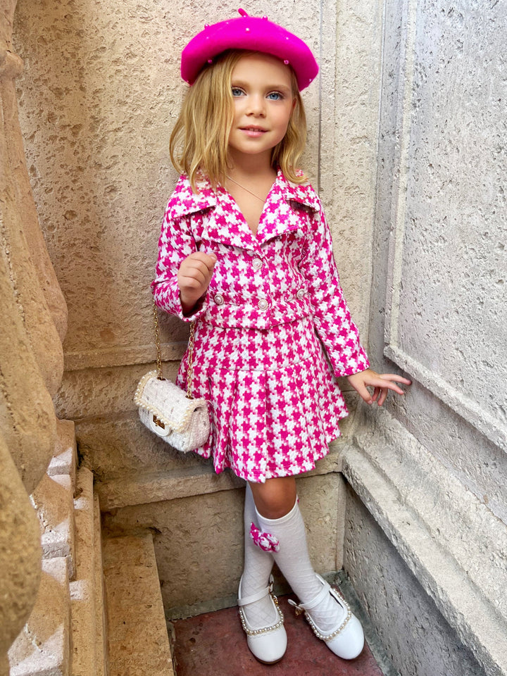 Pink Power Houndstooth Blazer And Pleated Skirt Set