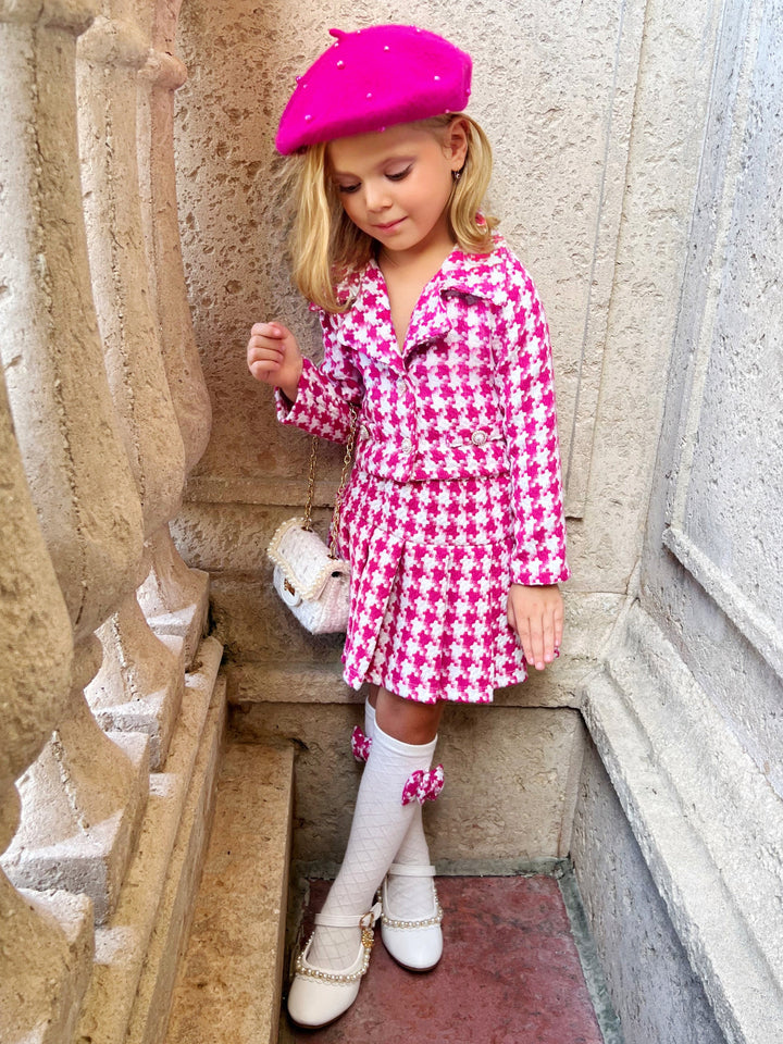 Pink Power Houndstooth Blazer And Pleated Skirt Set