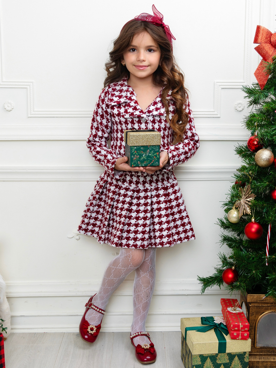 Burgundy Houndstooth Jacket and Pleated Skirt Set