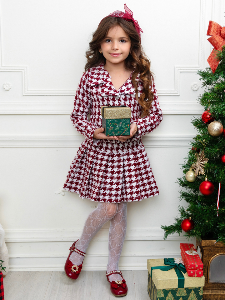 Burgundy Houndstooth Jacket and Pleated Skirt Set