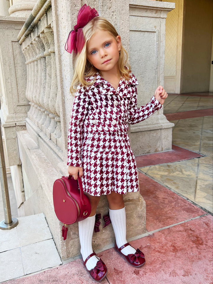 Burgundy Houndstooth Jacket and Pleated Skirt Set