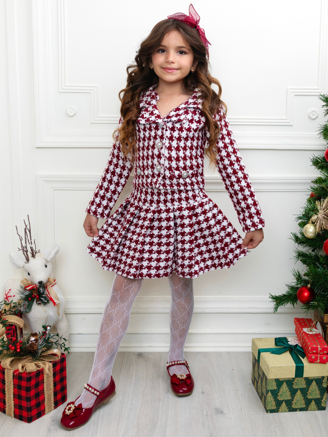 Burgundy Houndstooth Jacket and Pleated Skirt Set