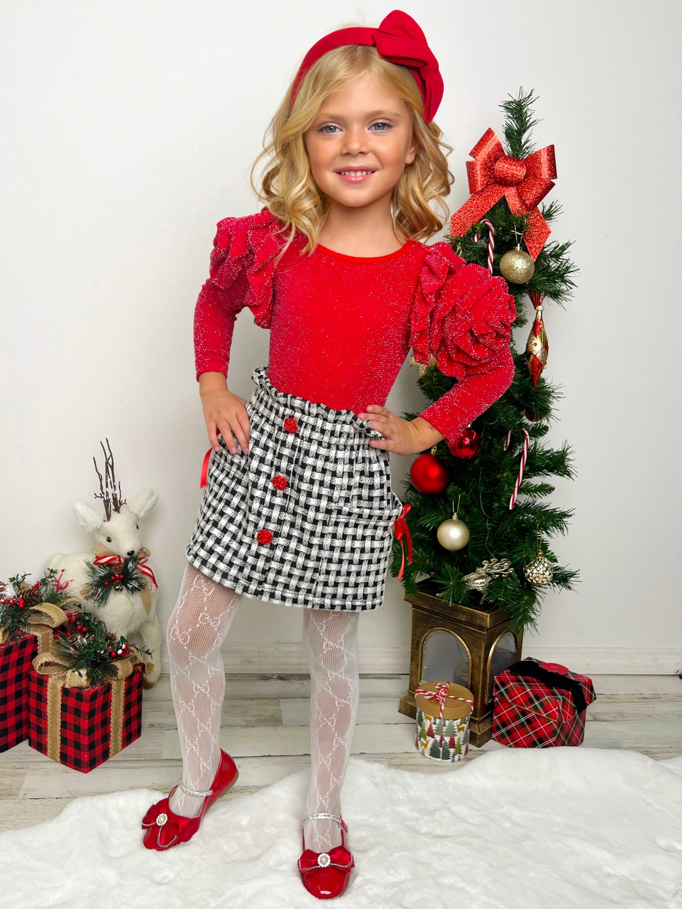 Mia Belle Girls Rosette Sleeve Top & Skirt Set | Girls Winter Outfits