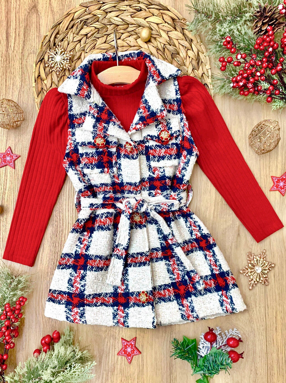 Make Santa Proud Turtleneck Top And Belted Plaid Dress Set