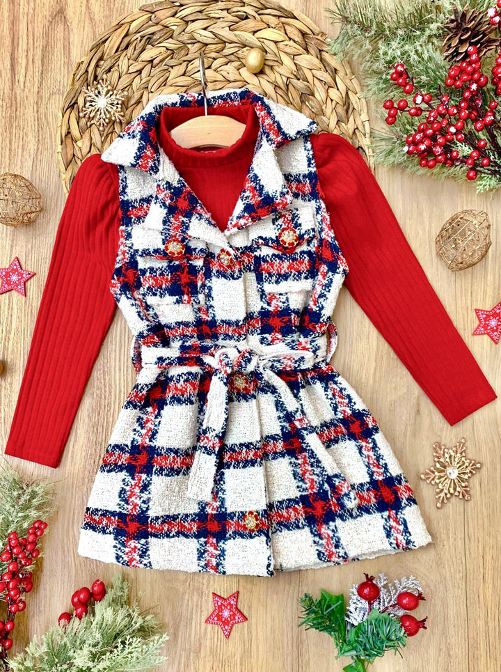 Make Santa Proud Turtleneck Top And Belted Plaid Dress Set