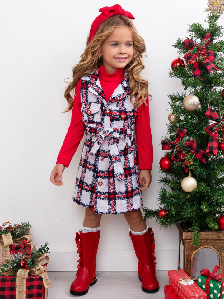Make Santa Proud Turtleneck Top And Belted Plaid Dress Set