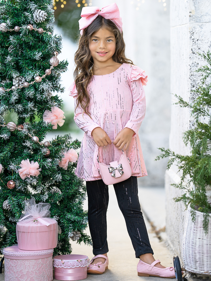Shine Bright Shimmer Pink Ruffle Top and Legging Set