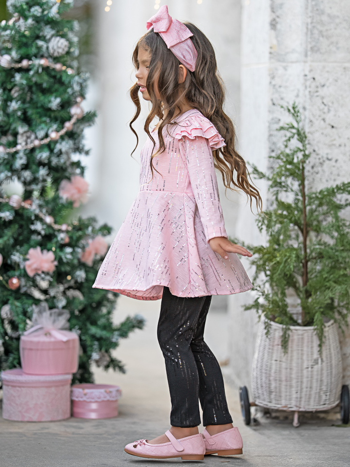 Shine Bright Shimmer Pink Ruffle Top and Legging Set