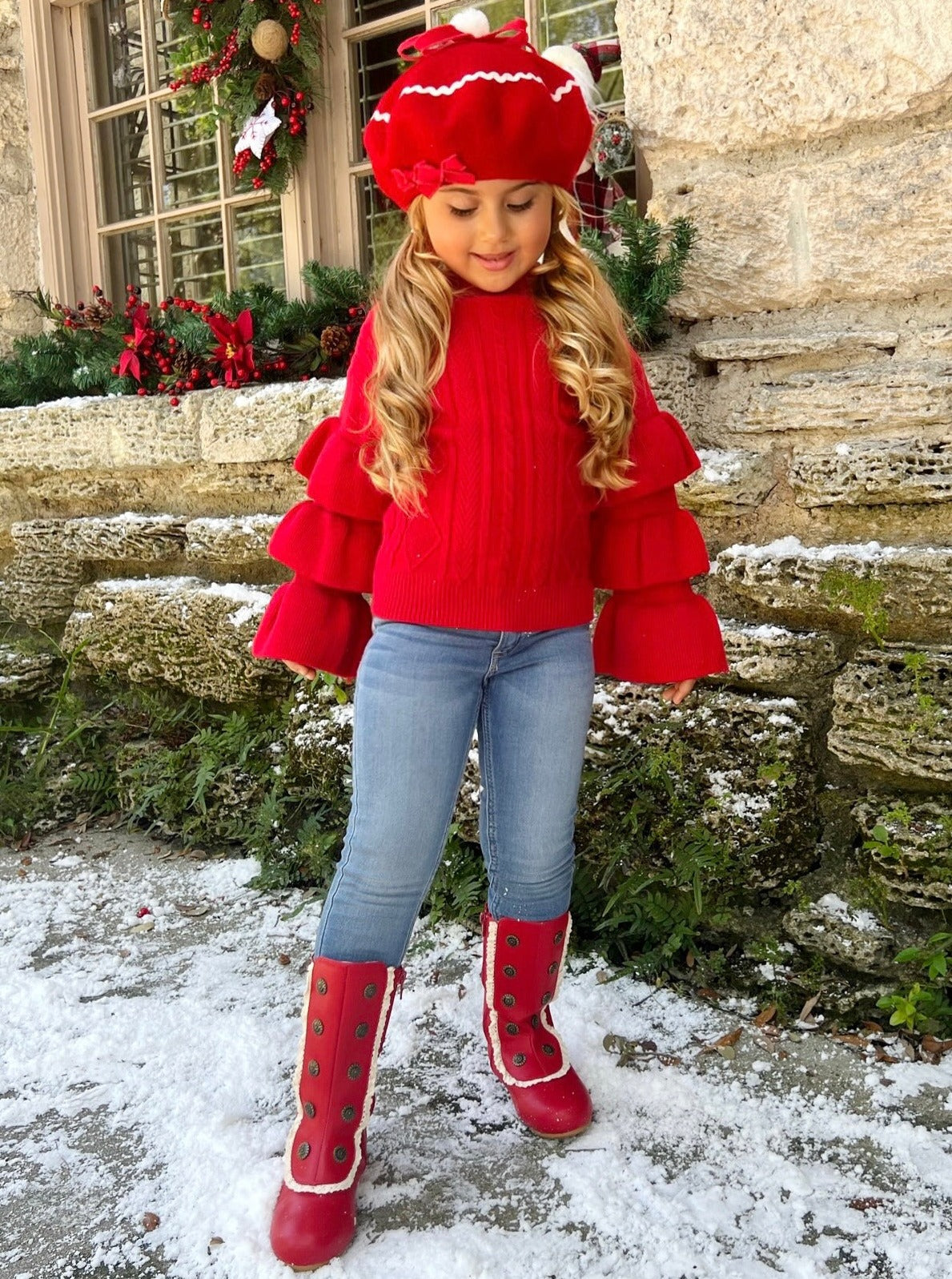 Cute Fall Sweaters | Girls Red Three Tiered Sleeve Cable Knit Sweater