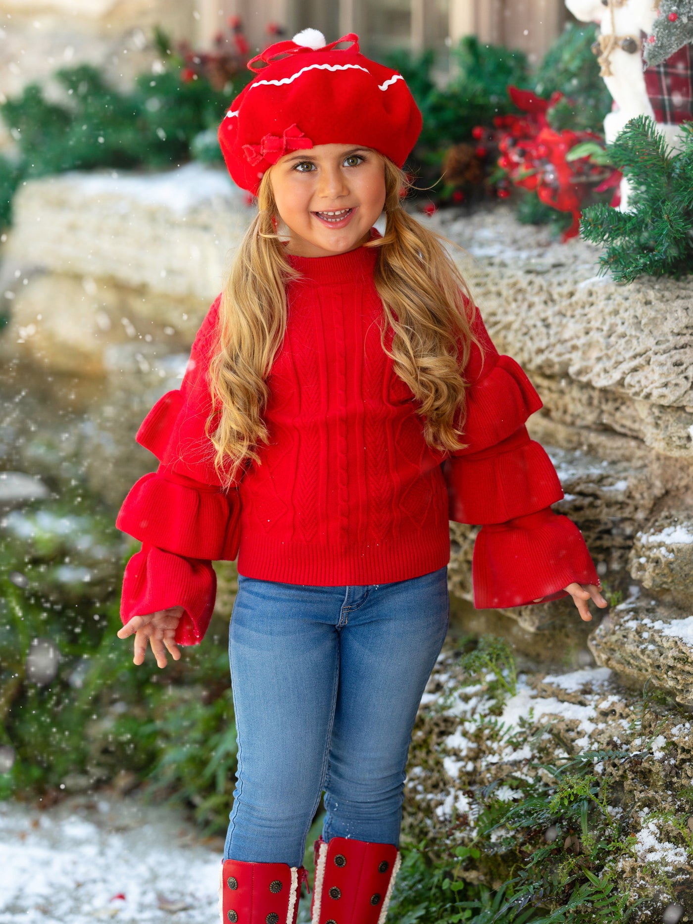 Berry Red Tiered Sleeve Cable Knit Sweater