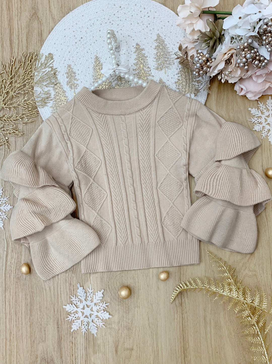 Cute Fall Sweaters Girls Creme Three Tiered Sleeve Cable Knit