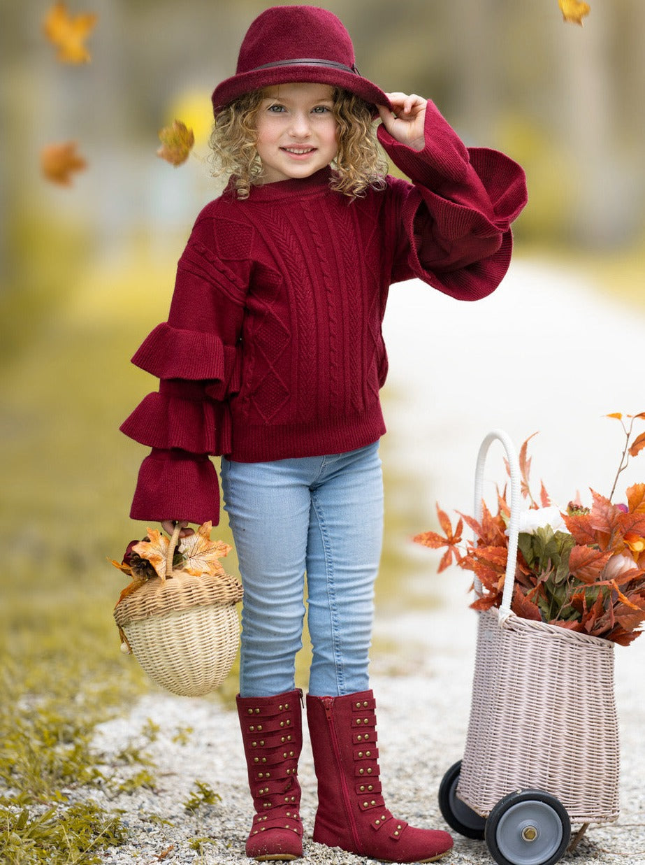 Cute Fall Sweaters Girls Burgundy Tiered Sleeve Cable Knit