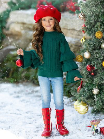 Toddler Sweaters | Tiered Sleeve Cable Knit Sweater | Mia Belle Girls