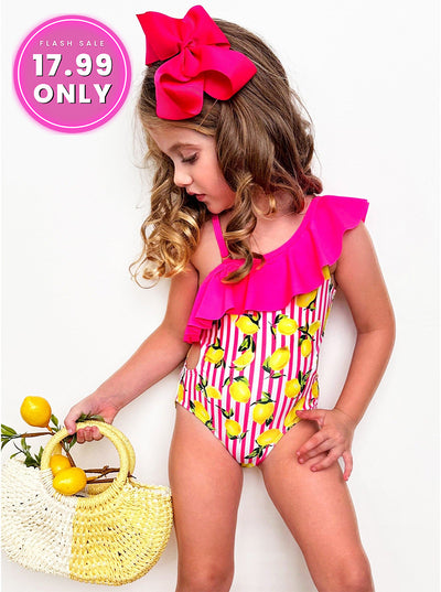 Squeeze The Day Lemon Print Striped Swimsuit Set