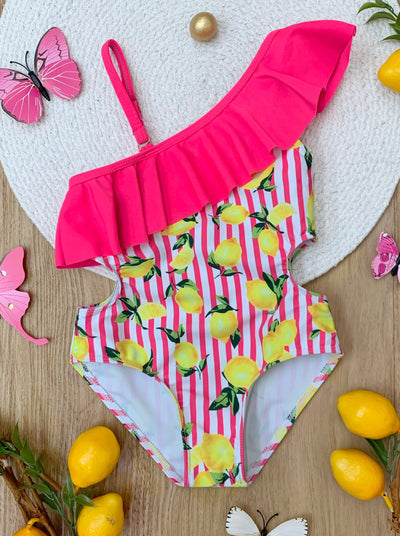 Striped Lemon One Piece Swimsuit And Cover Up | Mia Belle Girls