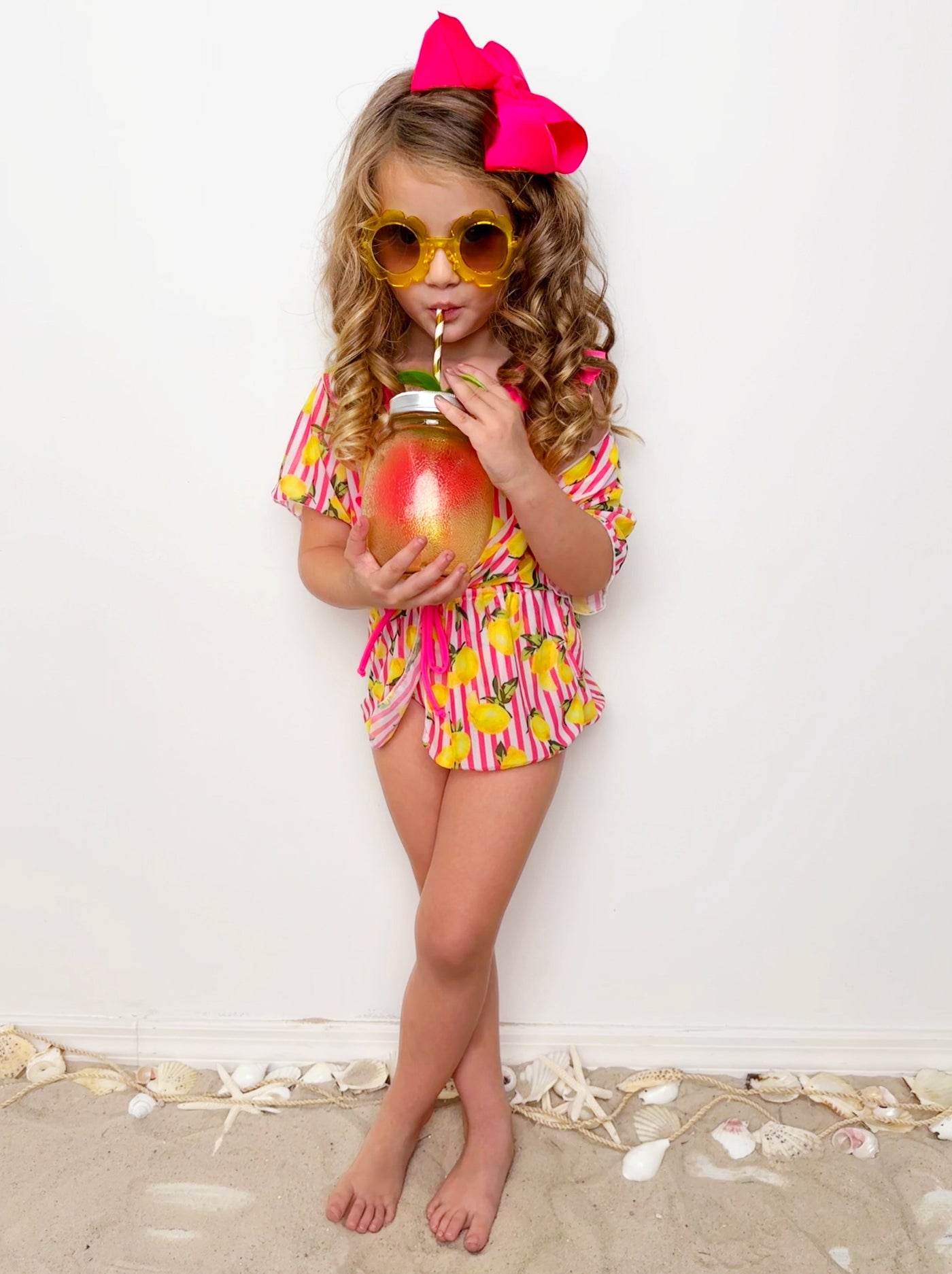 Striped Lemon One Piece Swimsuit And Cover Up | Mia Belle Girls