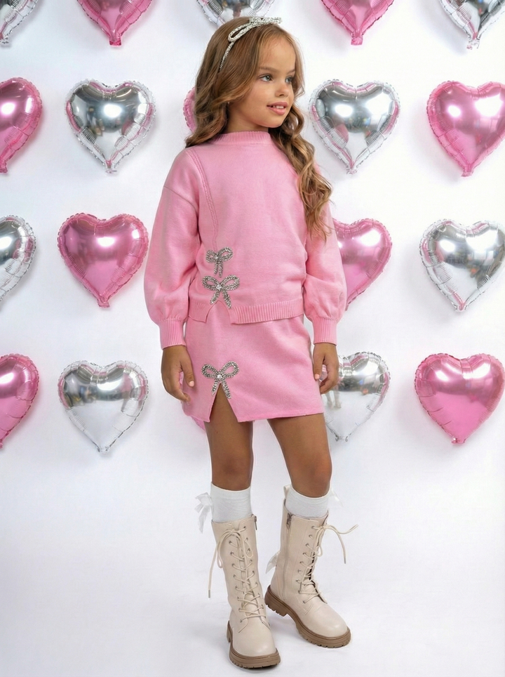 Shine & Slay Pink Bow Knit Sweater and Skirt Set