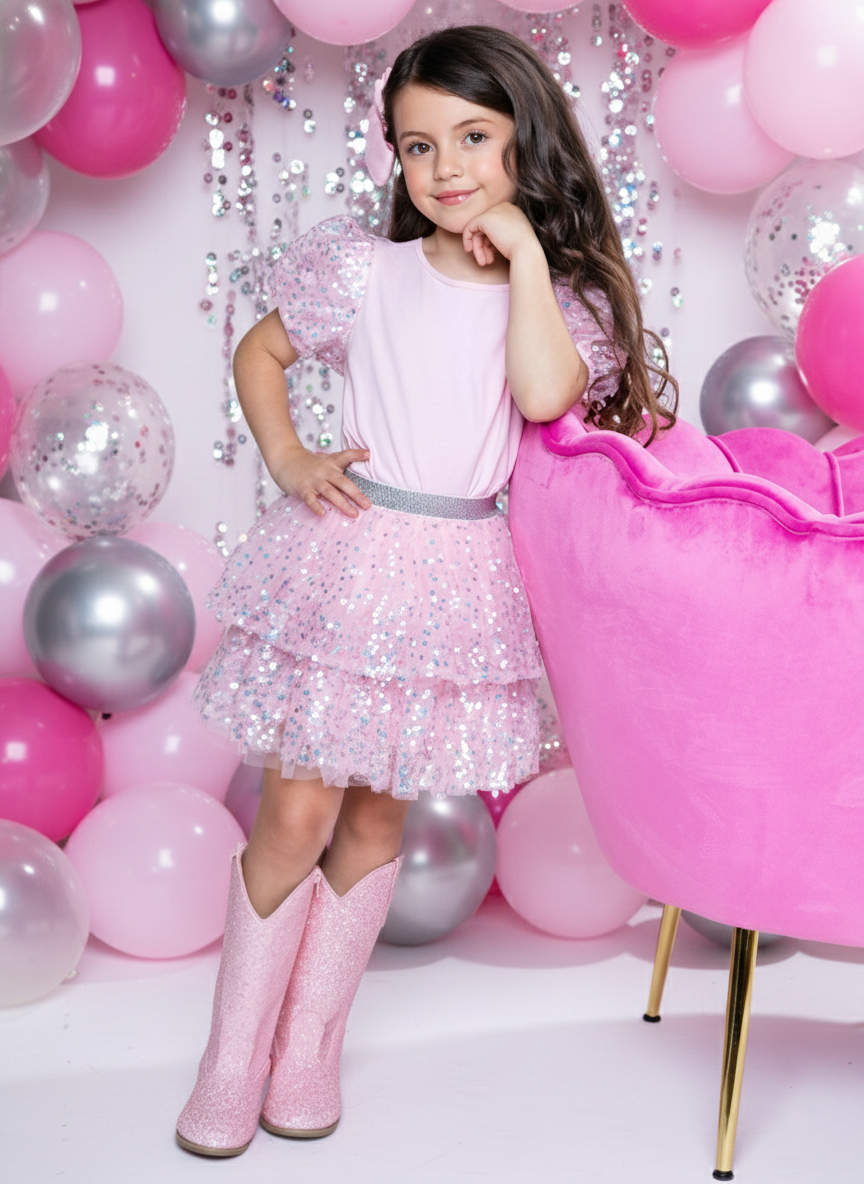 Sweet Shine Pink Top & Sequin Skirt Valentine’s Day Outfit