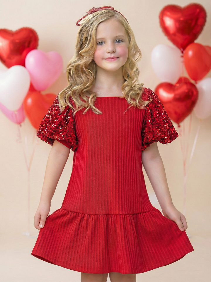 Glam Sequin Puff Sleeve Red Dress