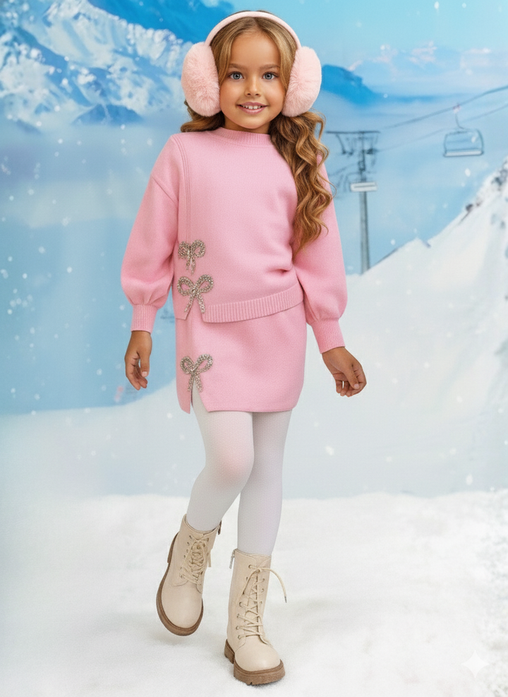 Shine & Slay Pink Bow Knit Sweater and Skirt Set