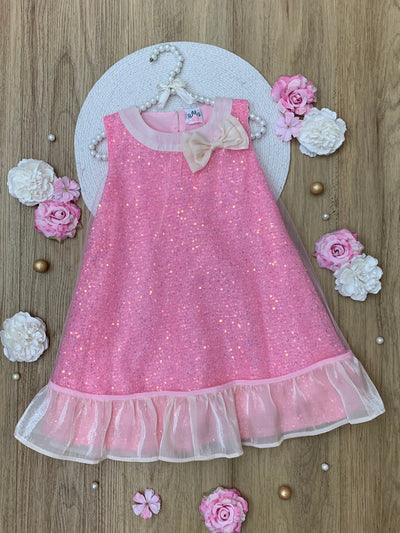 Girls Bella Pink Bow Flutter Sleeve Ruffles Spring Dress