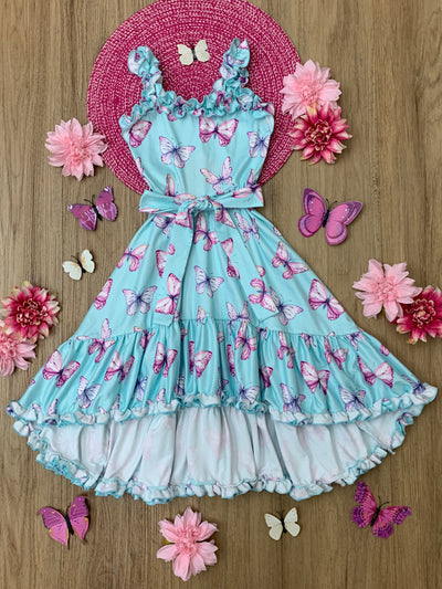 Mia Belle Girls Butterfly Print Hi-Lo Ruffle Dress | Easter Dresses