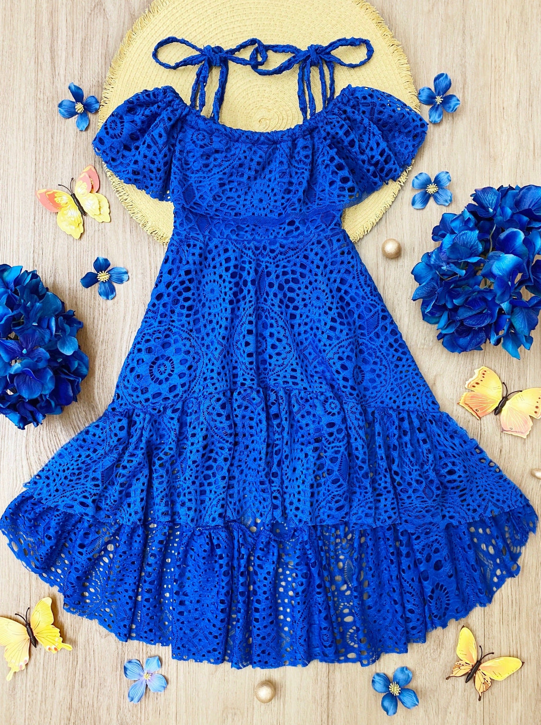 Girls Summer Dress Toddler Blue Cold Shoulder Maxi Eyelet