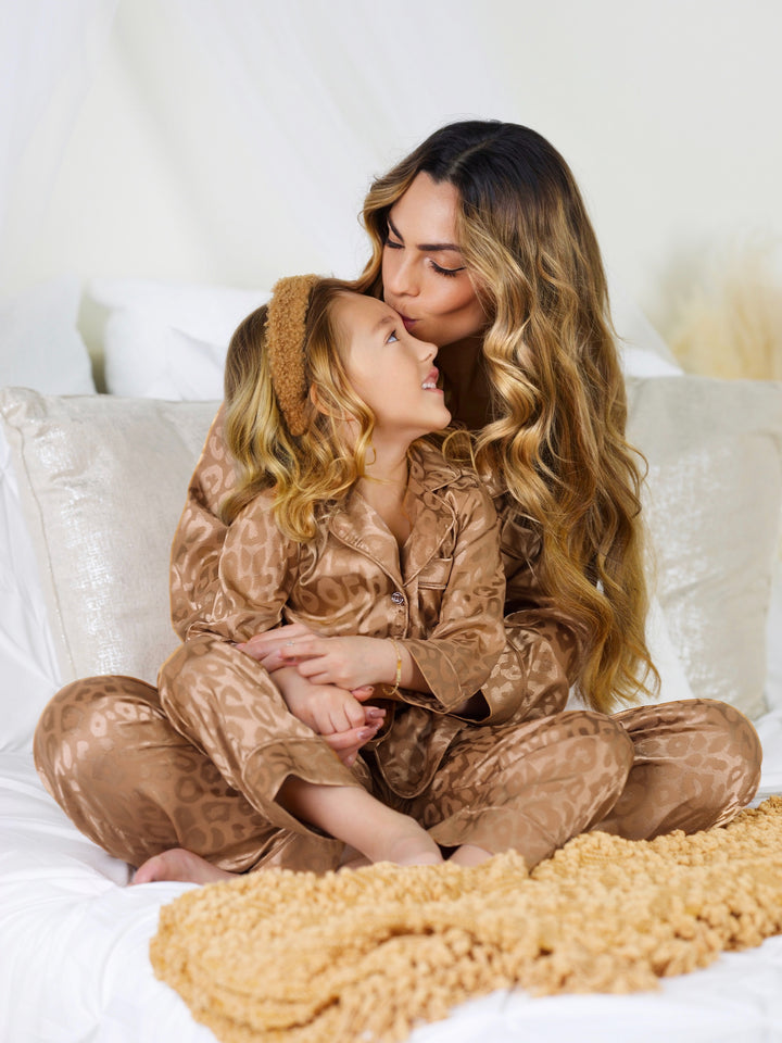 Mommy and Me Gold Leopard Print Silky Pajama Set
