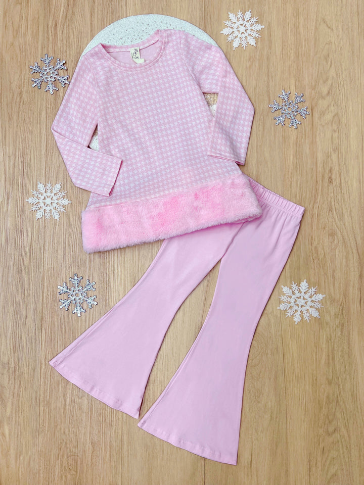 Snowflake Prep Fur Trim Pink Houndstooth Top and Flare Pant Set