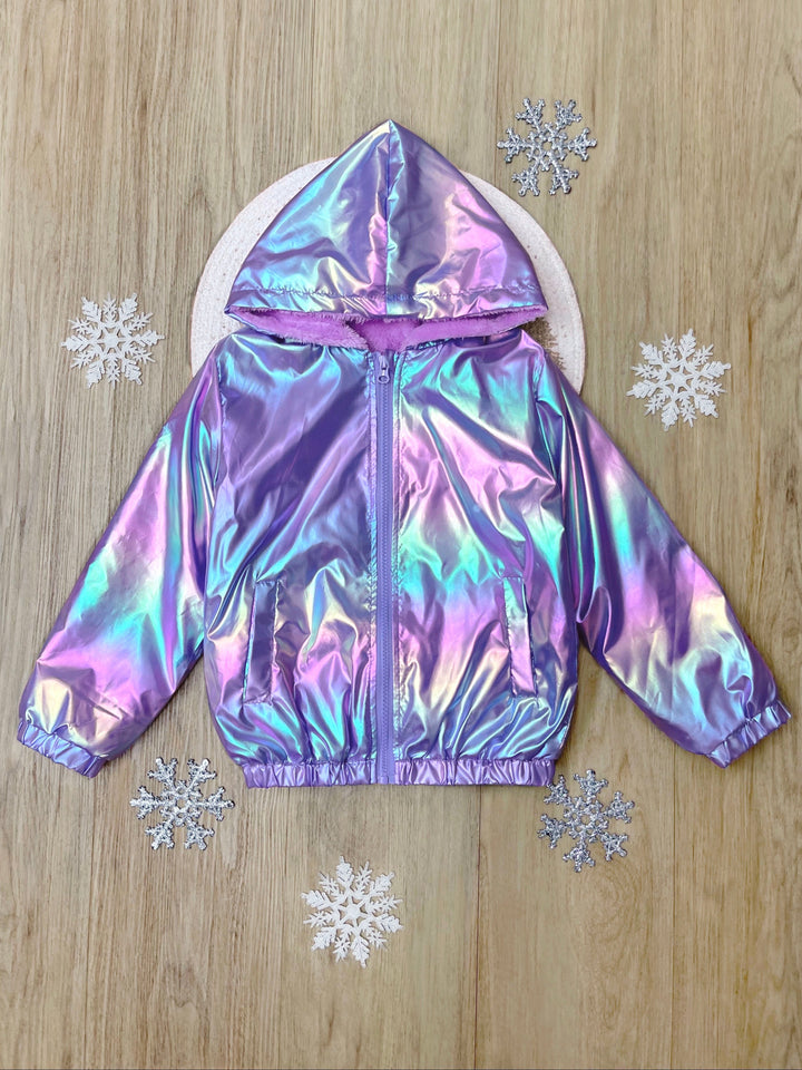 Lilac Glow Holographic Faux Fur Zip-Up Jacket