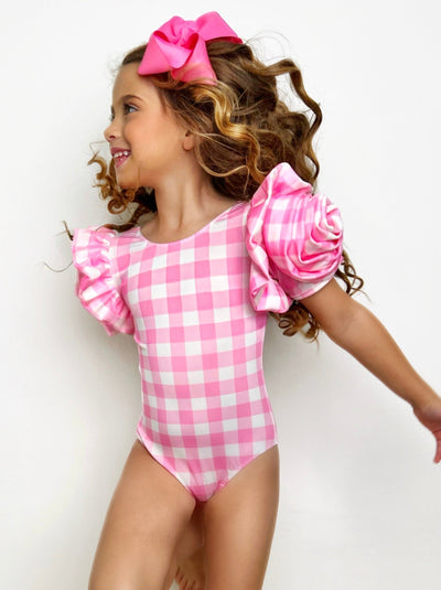 Mia Belle Girls Swimwear | Rose Sleeve Pink Gingham One Piece Swimsuit