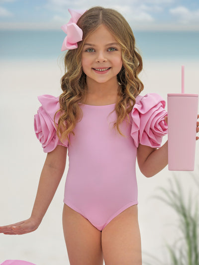 Mia Belle Girls Swimwear | Rose Sleeve Light Pink One Piece Swimsuit