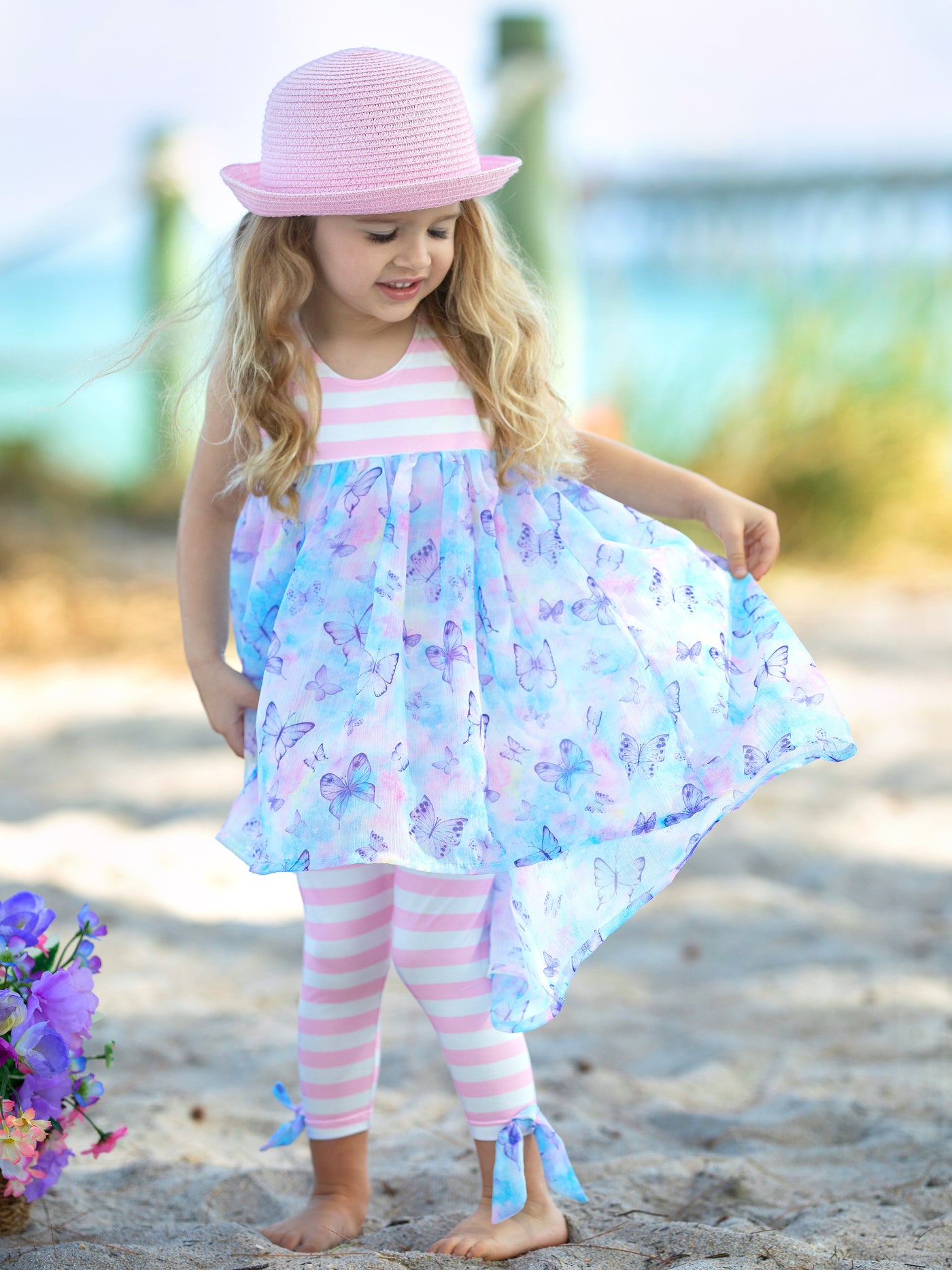  Mia Belle Girls Pink Striped Butterfly Tunic And Legging Set