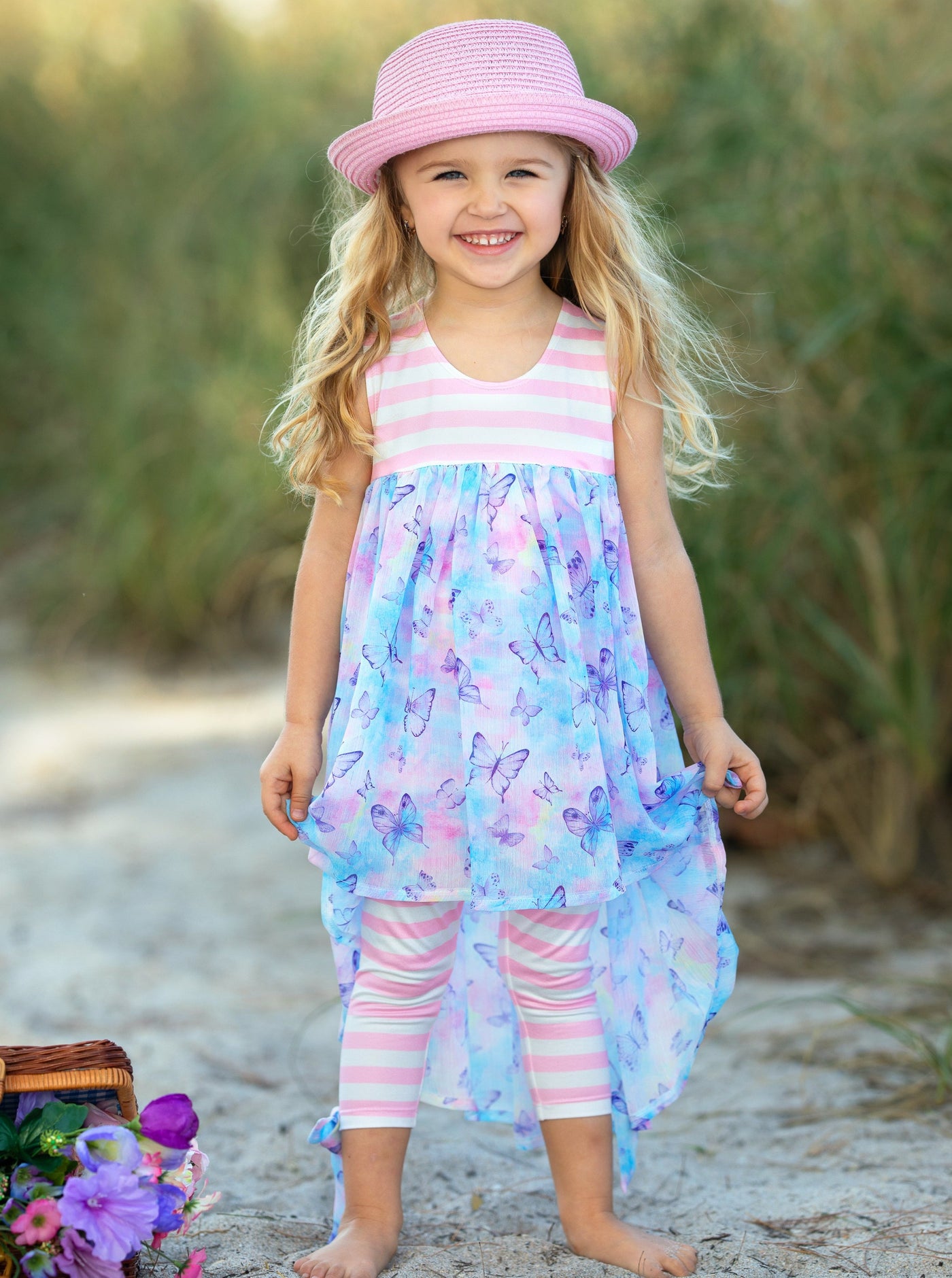  Mia Belle Girls Pink Striped Butterfly Tunic And Legging Set