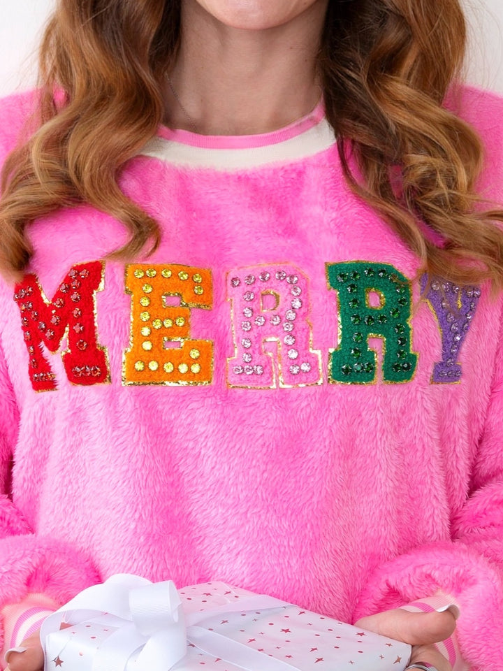 Mommy and Me Merry Embroidered Pink Furry Sweater